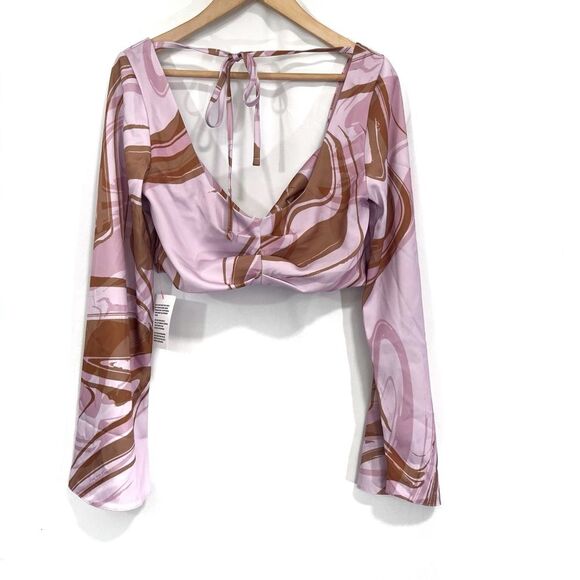 ASOS DESIGN Long Sleeve Cowl Front Pink Marble Crop Top US 6 - Picture 9 of 10